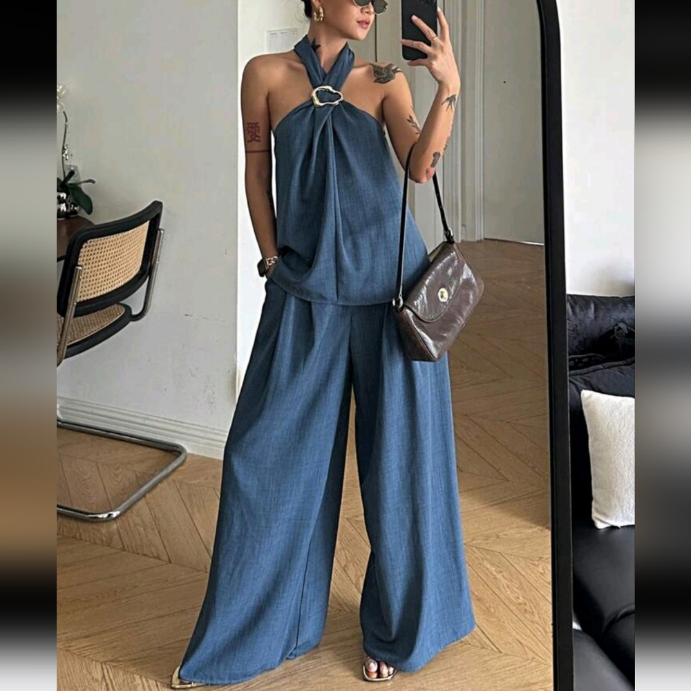 2pcs/Set Vintage Coin Decor Halter Neck Top And Wide Leg Pants Set - Picture 2 of 8